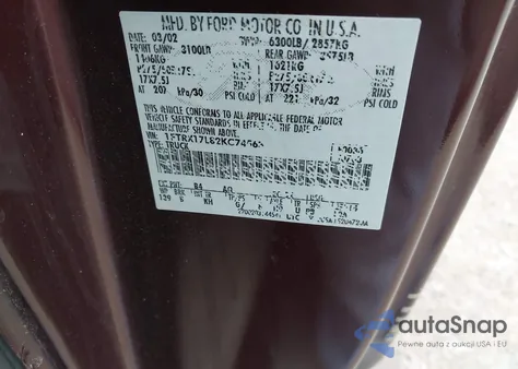 2002 Ford F-150 Lariat/Xl/Xlt z USA, uszkodzony, nr VIN 1FTRX17L82KC74563